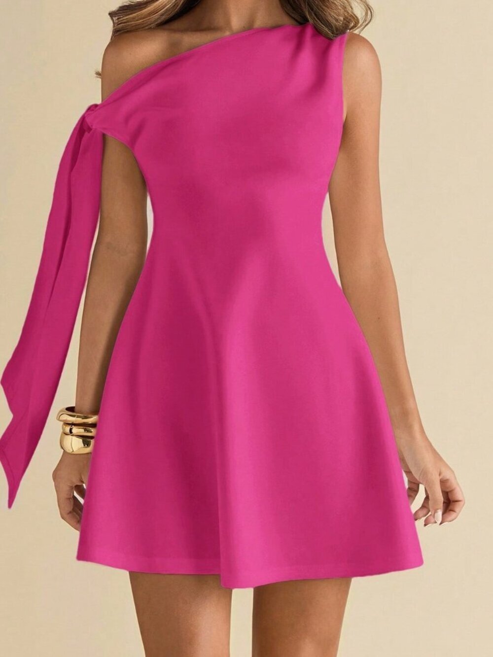 Hot Pink Elegant Women's Asymmetric Shoulder Tie Slim Fit A-Line Peplum Dress - Picture 5 of 7